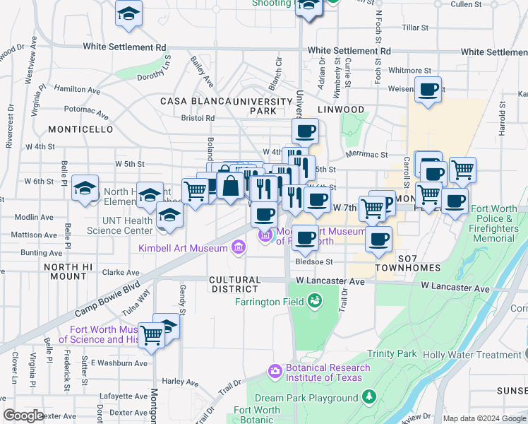 map of restaurants, bars, coffee shops, grocery stores, and more near 3204 Camp Bowie Boulevard in Fort Worth