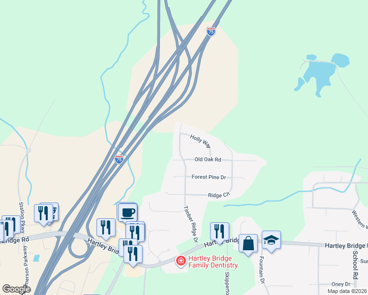 map of restaurants, bars, coffee shops, grocery stores, and more near 172 Timber Ridge Drive in Macon