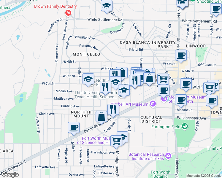 map of restaurants, bars, coffee shops, grocery stores, and more near 3620 Modlin Avenue in Fort Worth