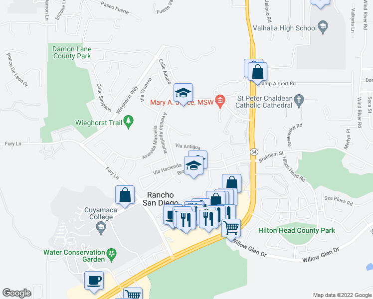 map of restaurants, bars, coffee shops, grocery stores, and more near 12129 Via Antigua in El Cajon