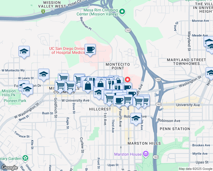 map of restaurants, bars, coffee shops, grocery stores, and more near 4045 1st Avenue in San Diego