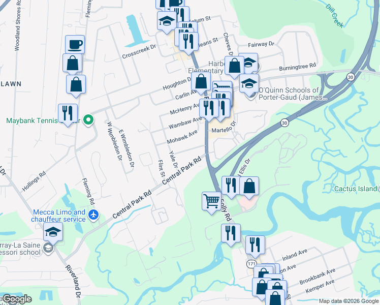 map of restaurants, bars, coffee shops, grocery stores, and more near 1721 Mcleod Avenue in Charleston