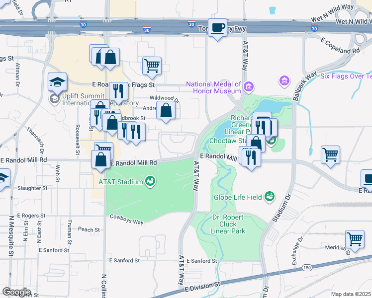 map of restaurants, bars, coffee shops, grocery stores, and more near 1271 Enclave Circle in Arlington