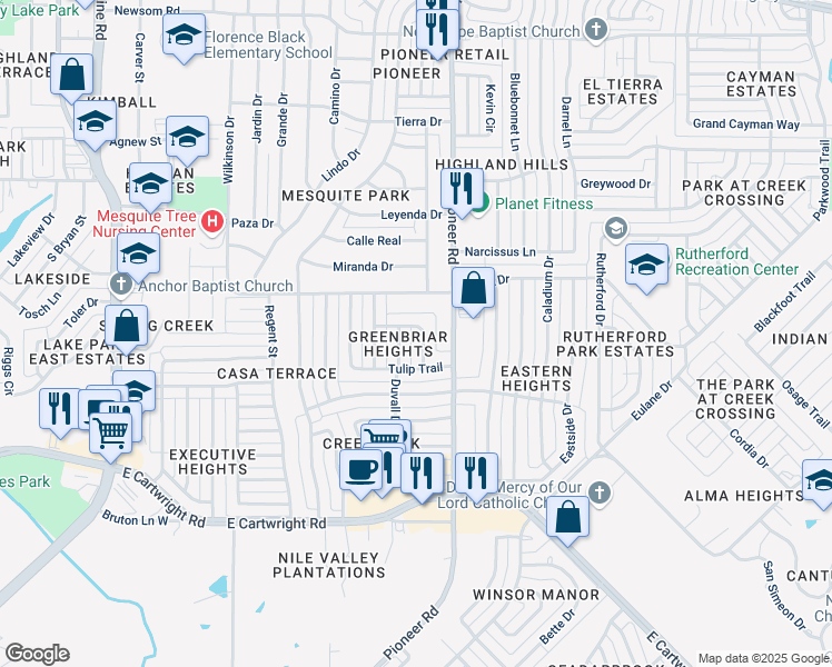map of restaurants, bars, coffee shops, grocery stores, and more near 1301 Wisteria Way in Mesquite