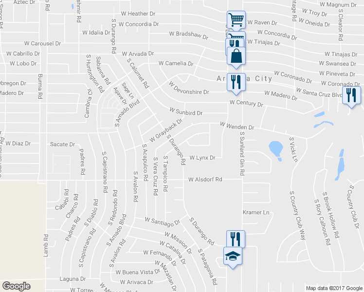map of restaurants, bars, coffee shops, grocery stores, and more near 14097 South Tampico Road in Arizona City