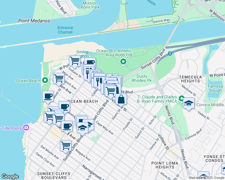 map of restaurants, bars, coffee shops, grocery stores, and more near 4825 West Point Loma Boulevard in San Diego