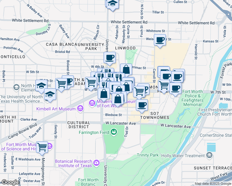 map of restaurants, bars, coffee shops, grocery stores, and more near 3001 West 7th Street in Fort Worth