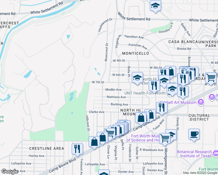 map of restaurants, bars, coffee shops, grocery stores, and more near 4030 Modlin Avenue in Fort Worth