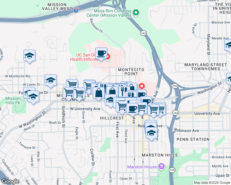 map of restaurants, bars, coffee shops, grocery stores, and more near 4057 1st Avenue in San Diego