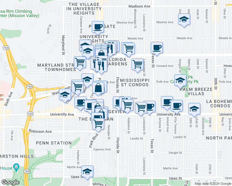 map of restaurants, bars, coffee shops, grocery stores, and more near 4028 Florida Street in San Diego