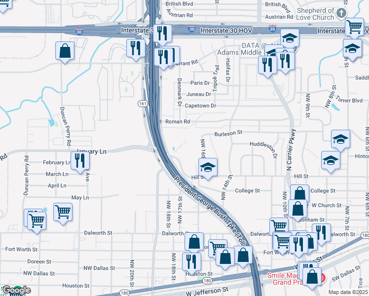 map of restaurants, bars, coffee shops, grocery stores, and more near 1610 Hill Street in Grand Prairie