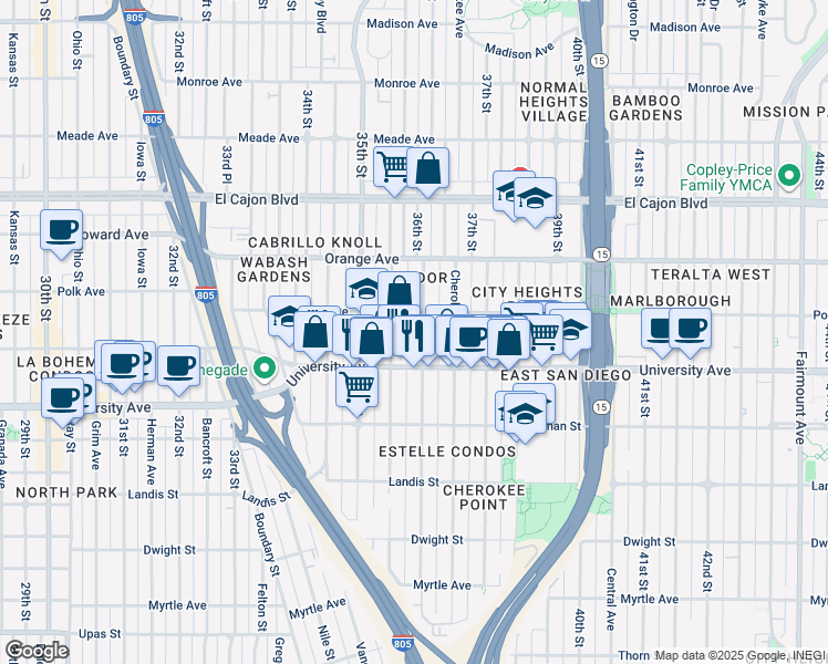 map of restaurants, bars, coffee shops, grocery stores, and more near 4058-64 36th Street in San Diego