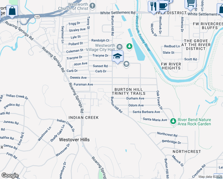 map of restaurants, bars, coffee shops, grocery stores, and more near 916 Burton Hill Road in Fort Worth