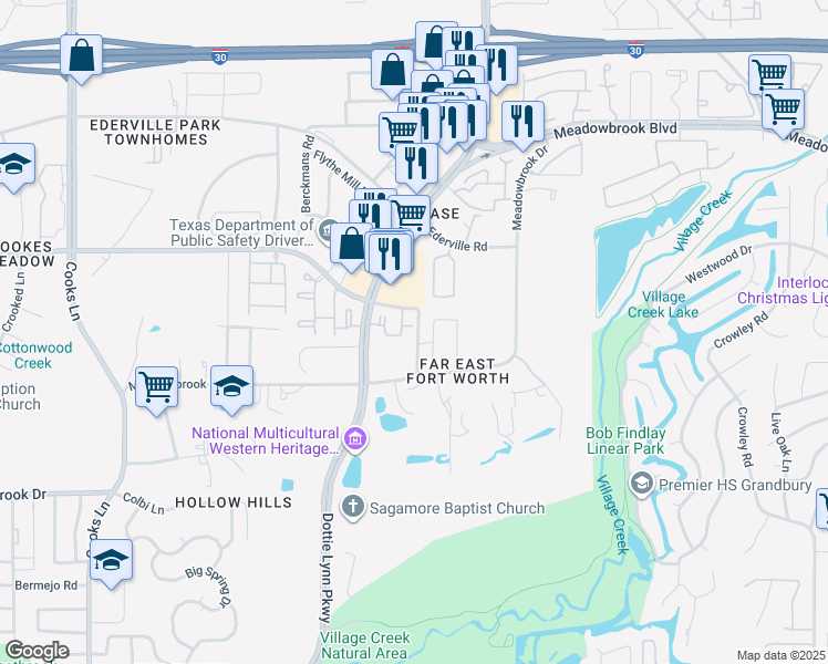 map of restaurants, bars, coffee shops, grocery stores, and more near 8362 Ranch Lane in Fort Worth