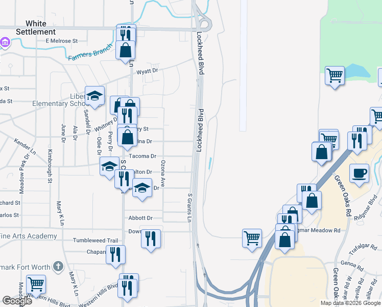 map of restaurants, bars, coffee shops, grocery stores, and more near 7620 Tacoma Drive in Fort Worth