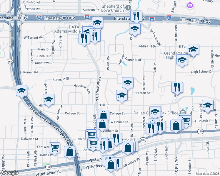 map of restaurants, bars, coffee shops, grocery stores, and more near 834 Valley View Drive in Grand Prairie