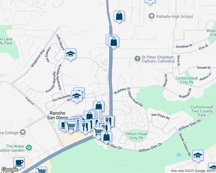 map of restaurants, bars, coffee shops, grocery stores, and more near 12391 Via Hacienda in El Cajon