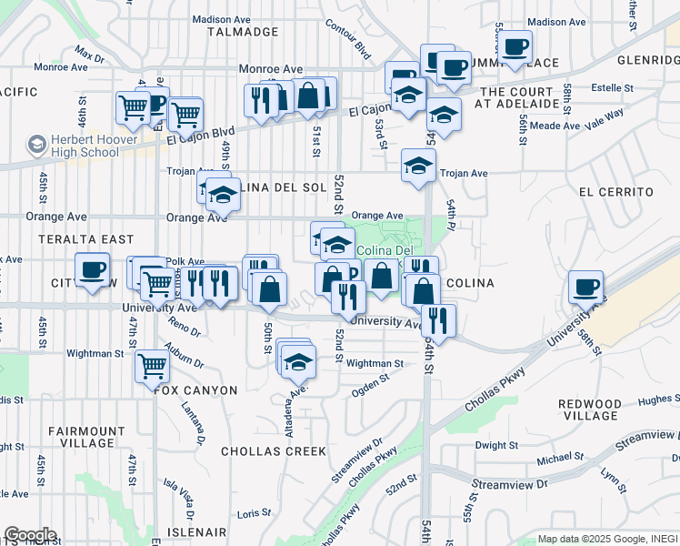map of restaurants, bars, coffee shops, grocery stores, and more near 4080 52nd Street in San Diego