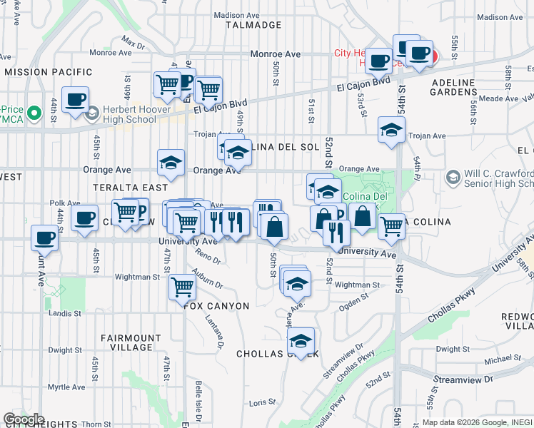map of restaurants, bars, coffee shops, grocery stores, and more near 4067 Oakcrest Drive in San Diego