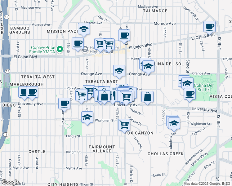 map of restaurants, bars, coffee shops, grocery stores, and more near 4073 47th Street in San Diego