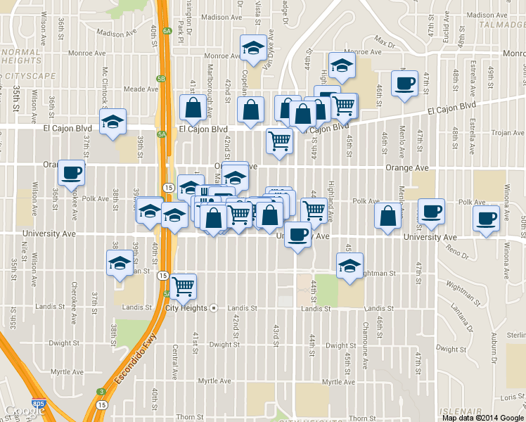 map of restaurants, bars, coffee shops, grocery stores, and more near 4070 Van Dyke Avenue in San Diego