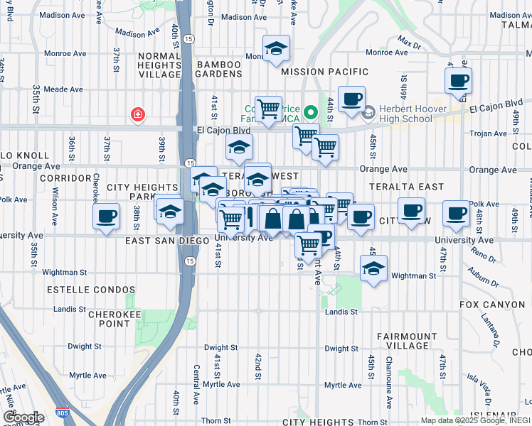 map of restaurants, bars, coffee shops, grocery stores, and more near 4070 Van Dyke Avenue in San Diego