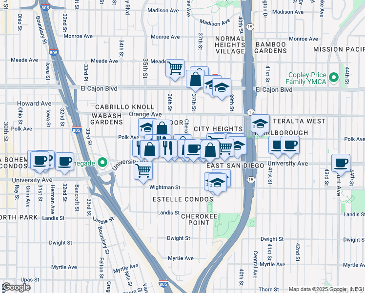 map of restaurants, bars, coffee shops, grocery stores, and more near 4073 Cherokee Avenue in San Diego