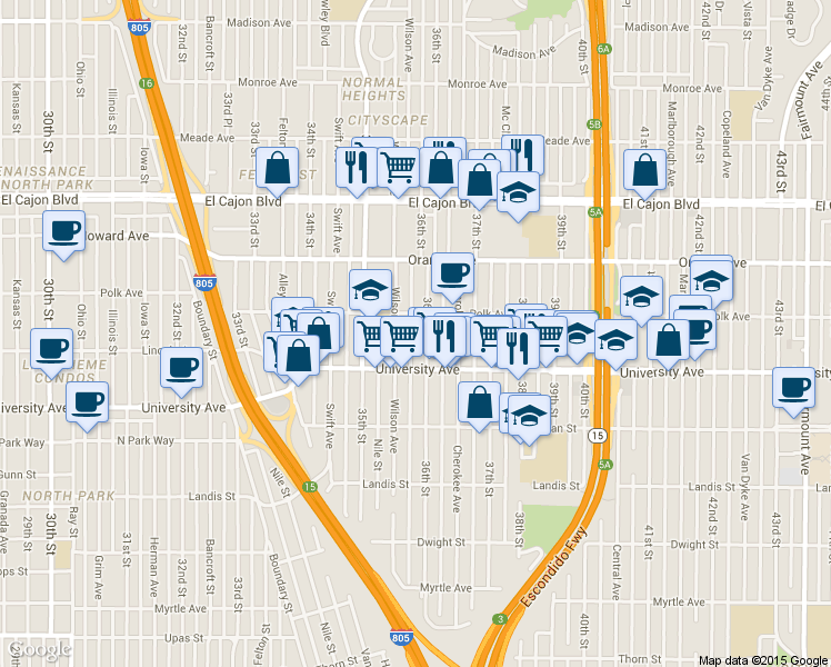 map of restaurants, bars, coffee shops, grocery stores, and more near 4073 36th Street in San Diego