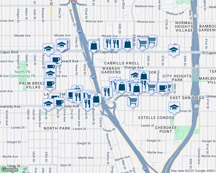 map of restaurants, bars, coffee shops, grocery stores, and more near 4048 Wabash Avenue in San Diego