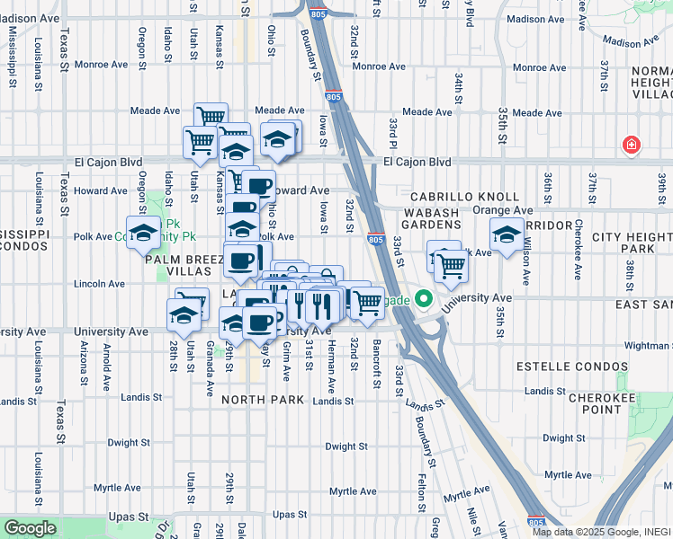 map of restaurants, bars, coffee shops, grocery stores, and more near 4033 Iowa Street in San Diego