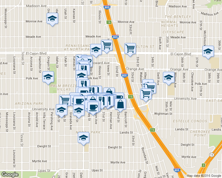 map of restaurants, bars, coffee shops, grocery stores, and more near 4033 Iowa Street in San Diego