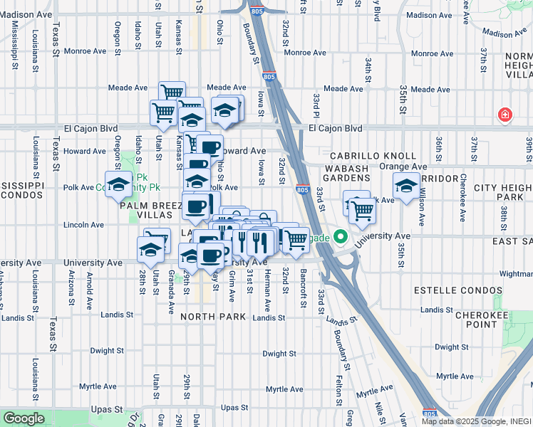 map of restaurants, bars, coffee shops, grocery stores, and more near 4033 Iowa Street in San Diego