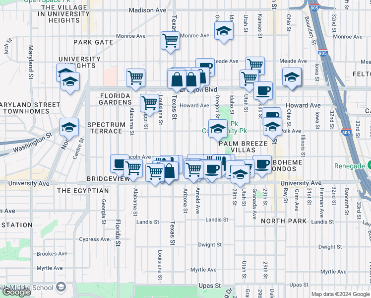 map of restaurants, bars, coffee shops, grocery stores, and more near 4036 Arizona Street in San Diego