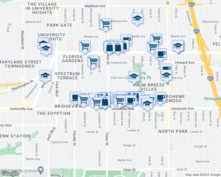 map of restaurants, bars, coffee shops, grocery stores, and more near 4036 Arizona Street in San Diego
