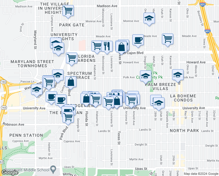 map of restaurants, bars, coffee shops, grocery stores, and more near 4035 Mississippi Street in San Diego