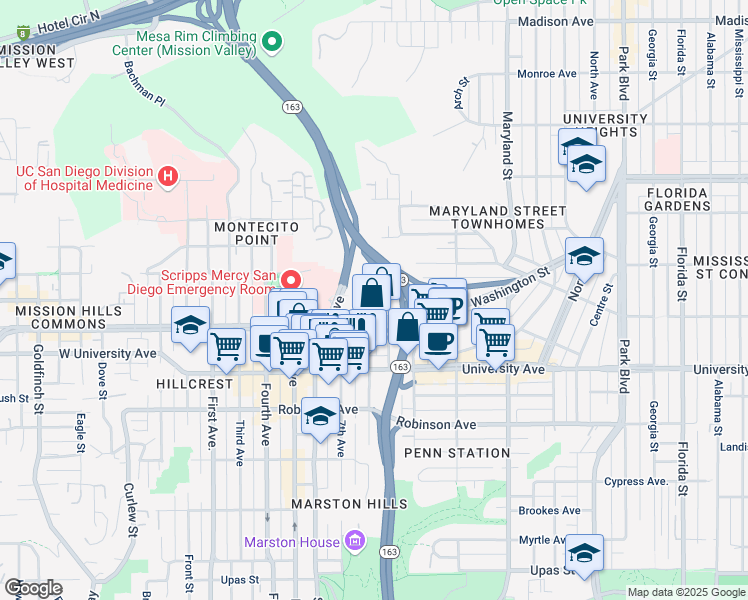 map of restaurants, bars, coffee shops, grocery stores, and more near 770 Washington Street in San Diego
