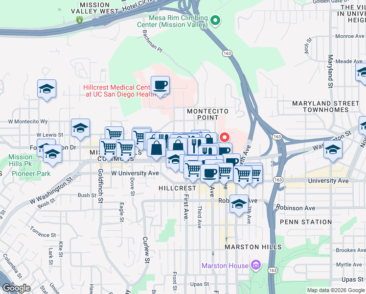 map of restaurants, bars, coffee shops, grocery stores, and more near 4057 1st Avenue in San Diego