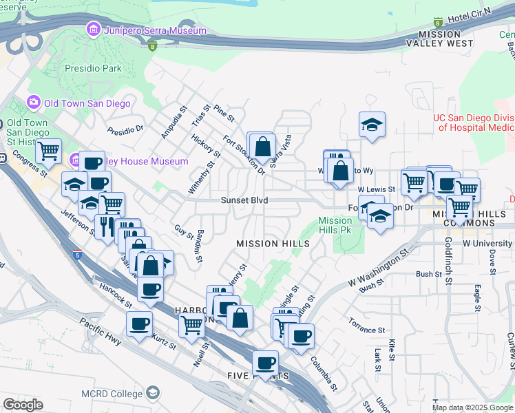 map of restaurants, bars, coffee shops, grocery stores, and more near 1905 Sunset Boulevard in San Diego