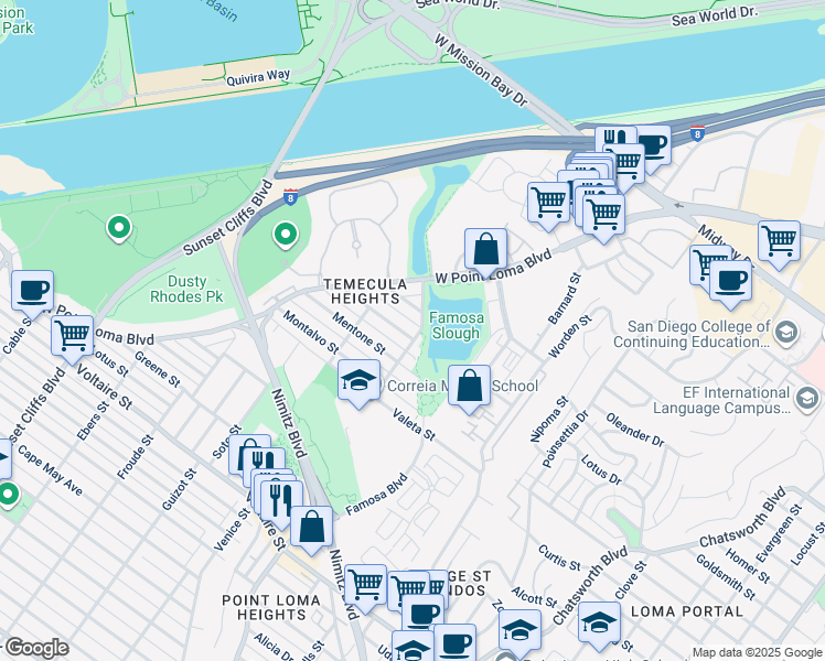 map of restaurants, bars, coffee shops, grocery stores, and more near 2818 Camulos Street in San Diego