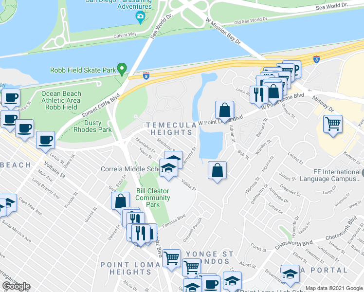 map of restaurants, bars, coffee shops, grocery stores, and more near 4359 Temecula Street in San Diego