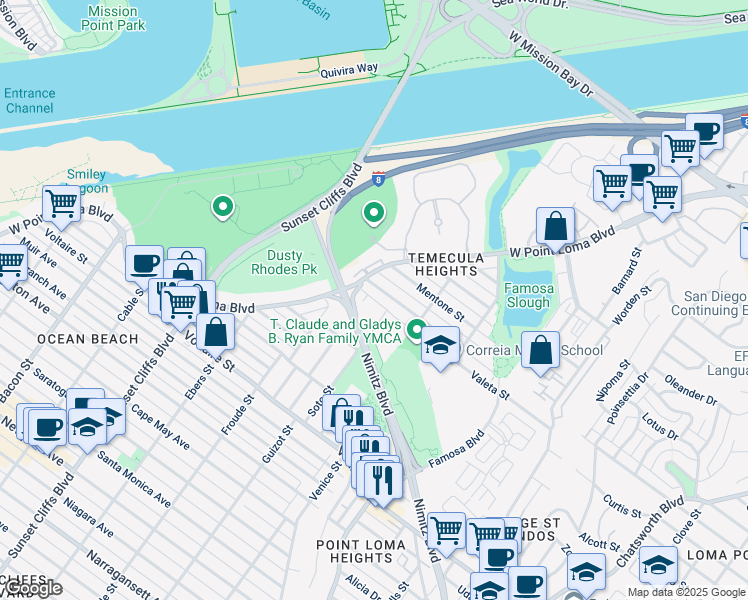 map of restaurants, bars, coffee shops, grocery stores, and more near 4453 Montalvo Street in San Diego