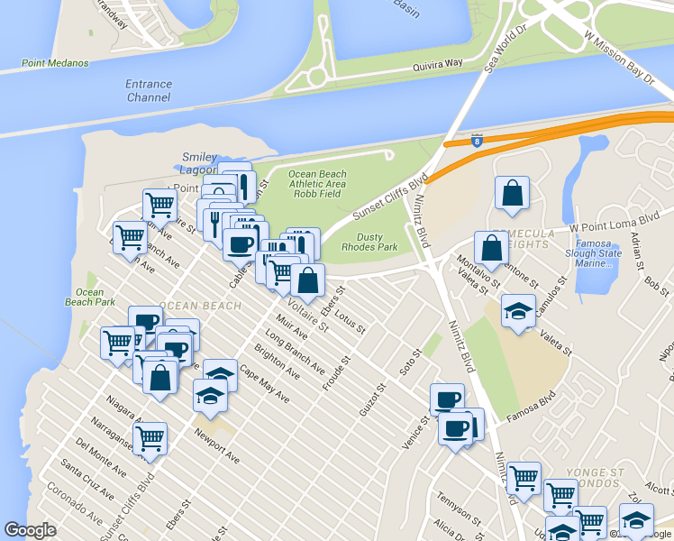 map of restaurants, bars, coffee shops, grocery stores, and more near 4712 West Point Loma Boulevard in San Diego