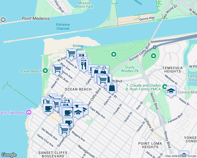 map of restaurants, bars, coffee shops, grocery stores, and more near 4825 West Point Loma Boulevard in San Diego