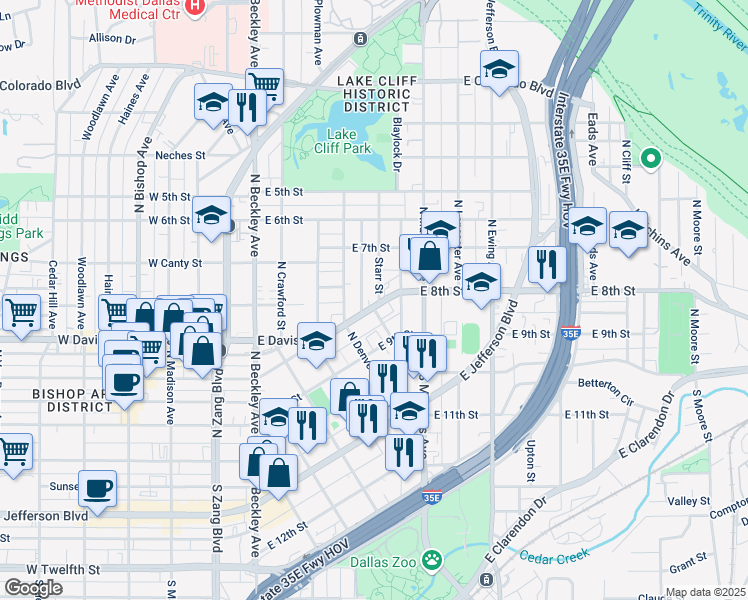 map of restaurants, bars, coffee shops, grocery stores, and more near 300 Starr Street in Dallas
