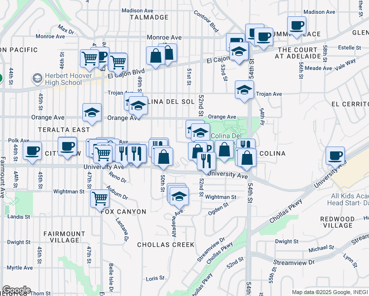 map of restaurants, bars, coffee shops, grocery stores, and more near 4082 51st Street in San Diego