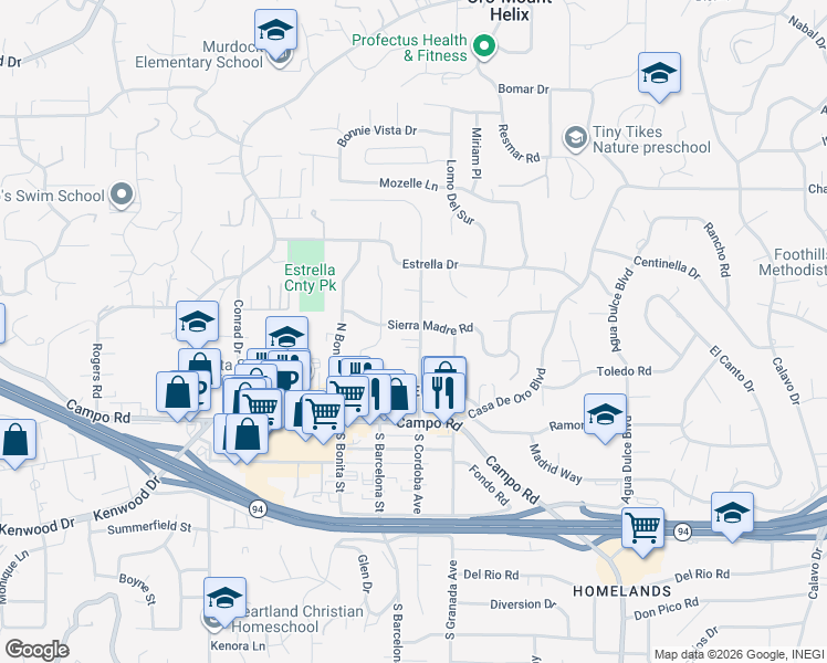 map of restaurants, bars, coffee shops, grocery stores, and more near 4044 North Cordoba Avenue in Spring Valley