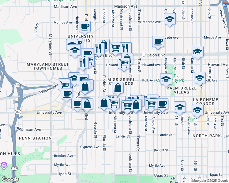 map of restaurants, bars, coffee shops, grocery stores, and more near 4025 Alabama Street in San Diego