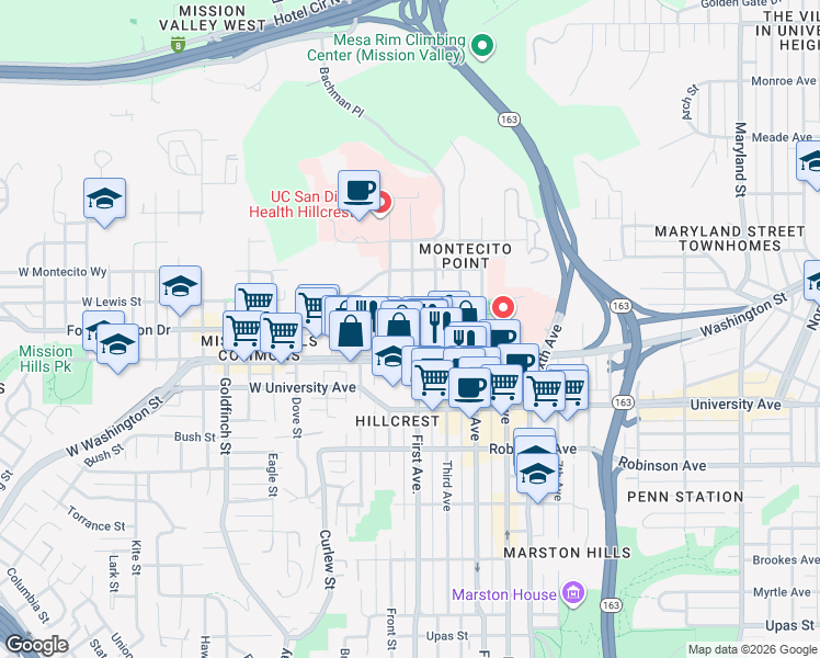 map of restaurants, bars, coffee shops, grocery stores, and more near 4057 1st Avenue in San Diego