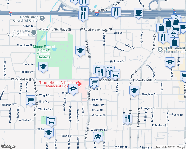 map of restaurants, bars, coffee shops, grocery stores, and more near 1001 North Cooper Street in Arlington
