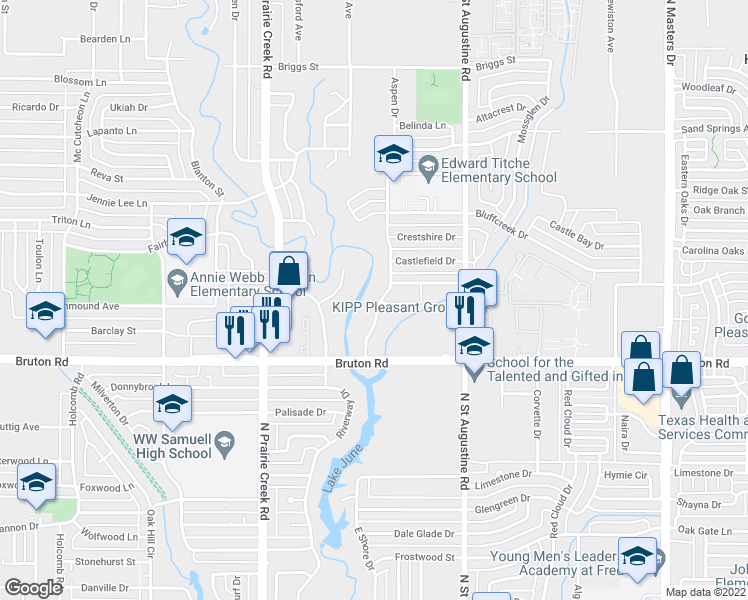 map of restaurants, bars, coffee shops, grocery stores, and more near 2227 Aspen Drive in Dallas